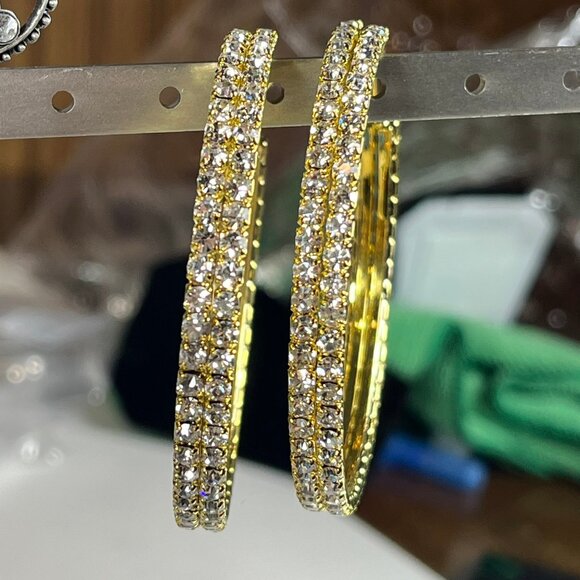 Swarovski Elements Women's Hoop Earrings Yellow Gold Crystals Two tiers - Picture 1 of 6